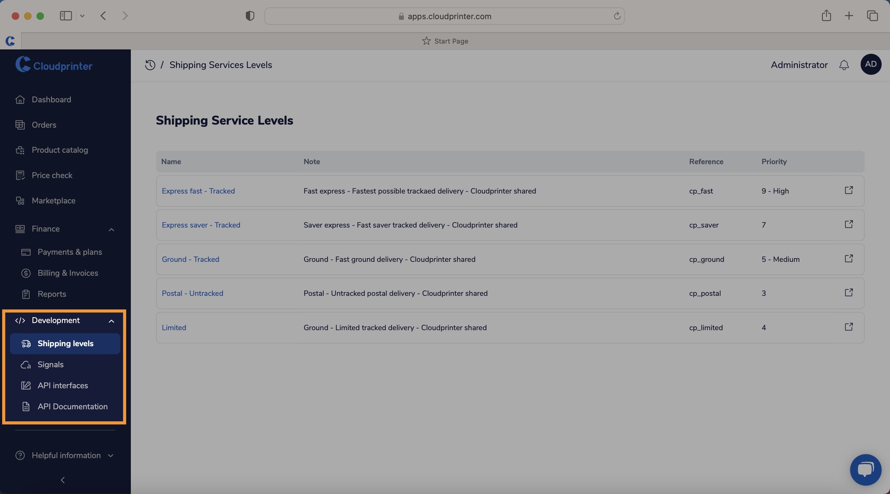 Development menu in Cloudprinter Dashboard