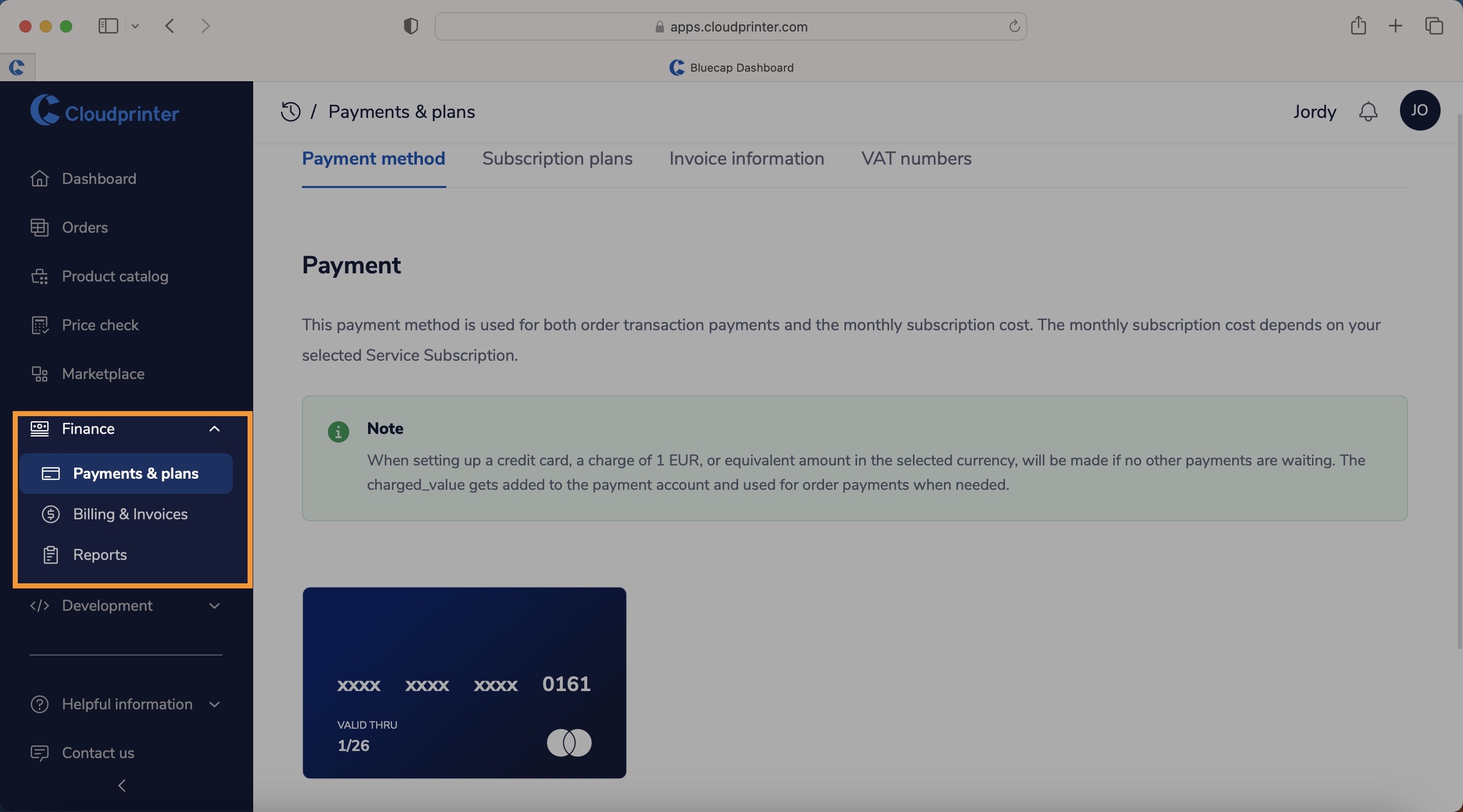 Finance menu in Cloudprinter Dashboard