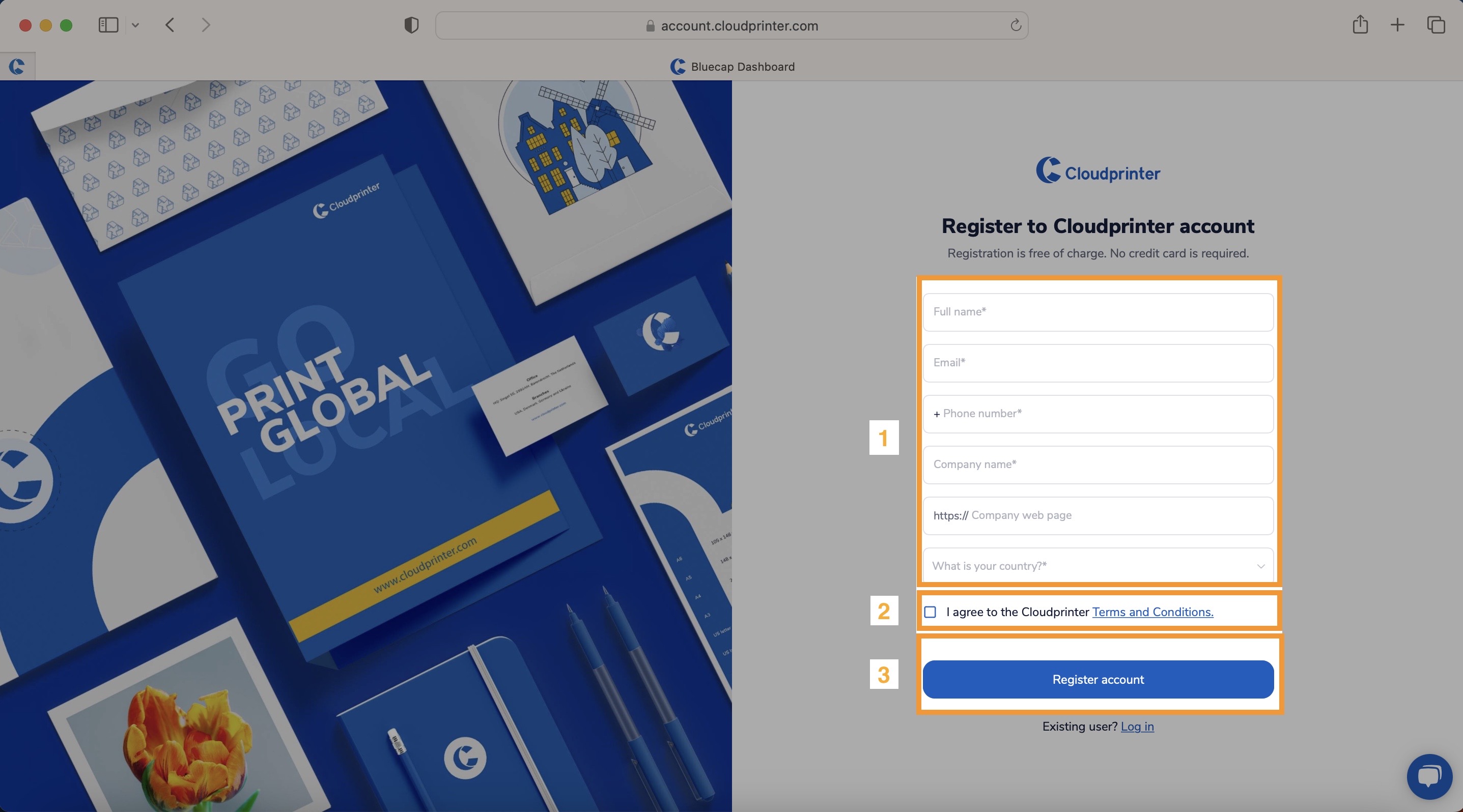 Cloudprinter account registration form