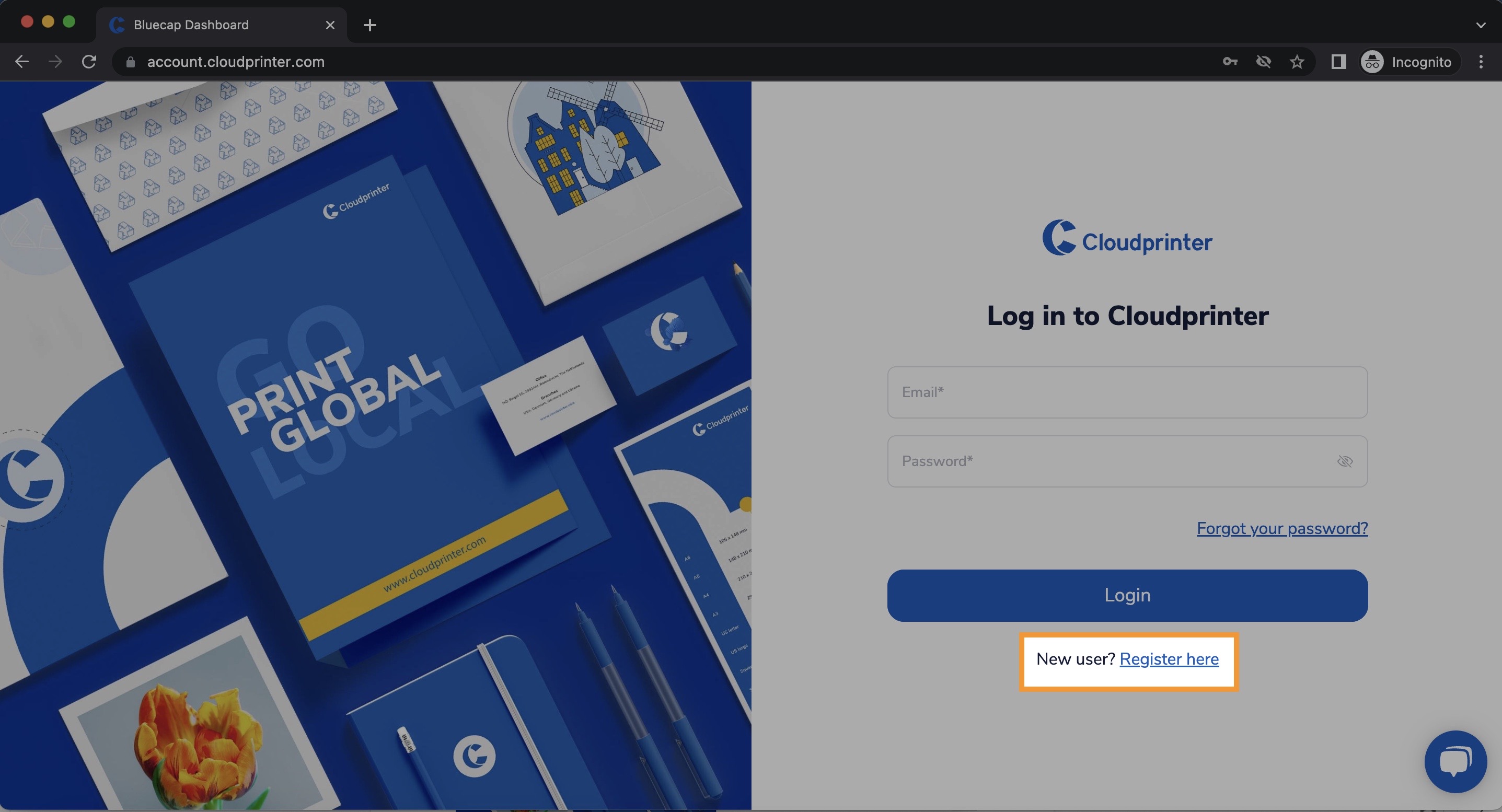 Cloudprinter registration screen
